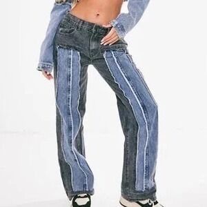 PrettyLittleThing Black and Blue Straight Leg Jeans